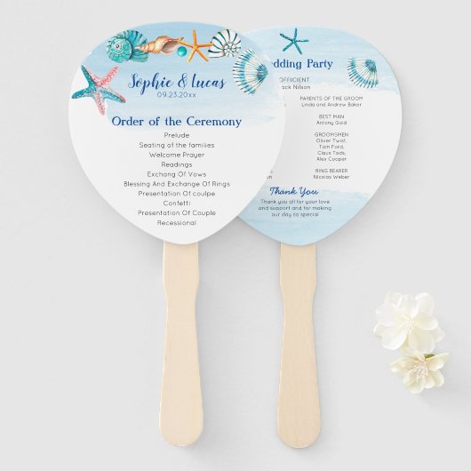 Éventail Programme de mariage à thème Blue Seashell Waterco (Devant et derrière)