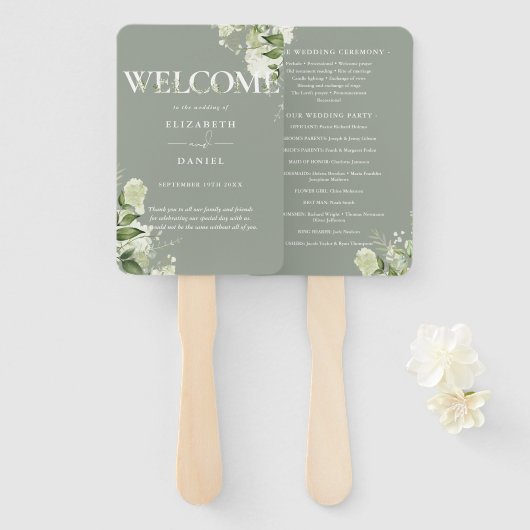 Éventail Programme de mariage à typographie florale de verd (Devant et derrière)