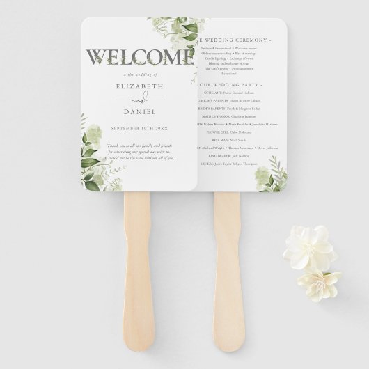 Éventail Programme de mariage à typographie florale de verd (Devant et derrière)