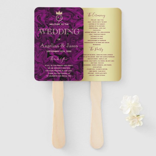 Éventail Programme de mariage abstrait violet et feuille d' (Devant et derrière)