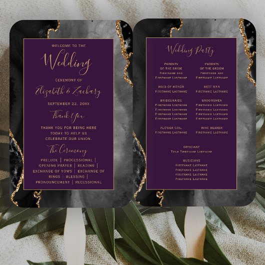 Éventail Programme de mariage Agate Or Noir Violet Profond