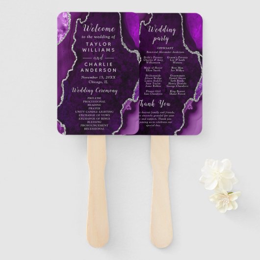 Éventail Programme de mariage Agate Violet et Argent (Devant et derrière)