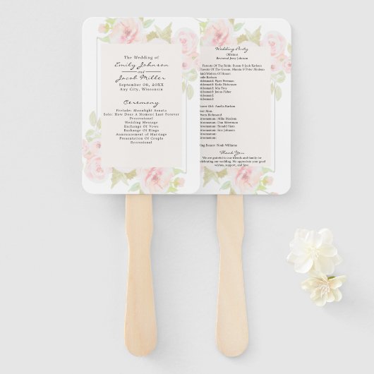 Éventail Programme de mariage aquarelle floral rose rose pâ (Devant et derrière)