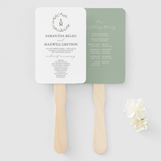 Éventail Programme de mariage au monogramme de crête feuill (Devant et derrière)