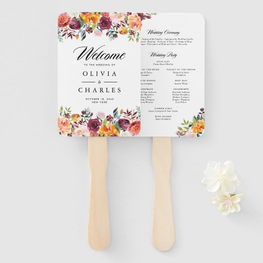 Éventail Programme de mariage automnal à fleurs aquarelles (Devant et derrière)