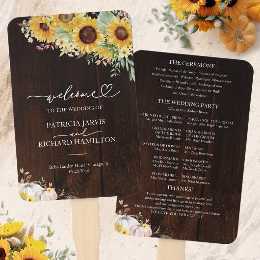 Éventail Programme de mariage automnal au tournesol rustiqu