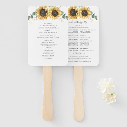 Éventail Programme de mariage aux feuilles de tournesol euc (Devant et derrière)
