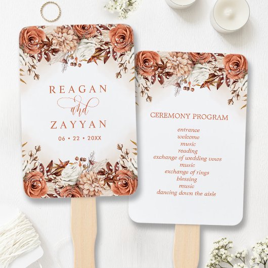 Éventail Programme de mariage aux fleurs de terre cuite Pam