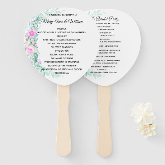 Éventail Programme de mariage aux fleurs pastel délicat (Devant et derrière)