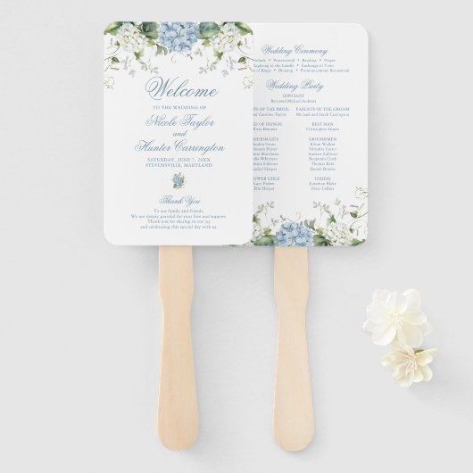 Éventail Programme de mariage aux Hortensias Bleus (Devant et derrière)
