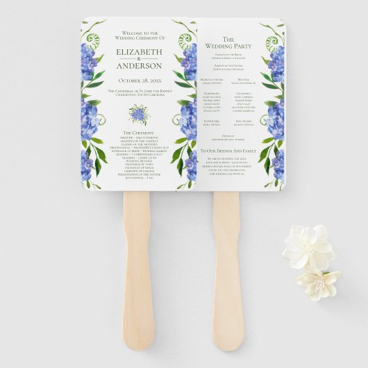 Éventail Programme de mariage aux Hortensias Bleus (Devant et derrière)