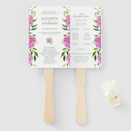 Éventail Programme de mariage aux hortensias roses (Devant et derrière)