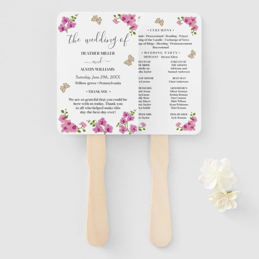 Éventail Programme de mariage aux orchidées violettes délic (Devant et derrière)