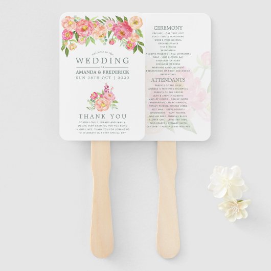 Éventail Programme de mariage aux pivoines aquarelles de pr (Devant et derrière)