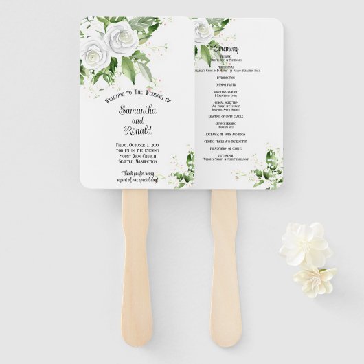 Éventail Programme de mariage aux roses blanches et au souf (Devant et derrière)