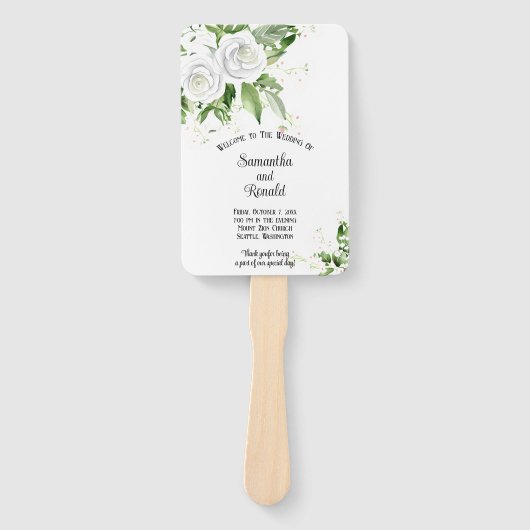 Éventail Programme de mariage aux roses blanches et au souf (Devant)