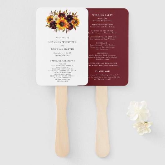 Éventail Programme de mariage aux tournesols de l'automne r (Devant et derrière)