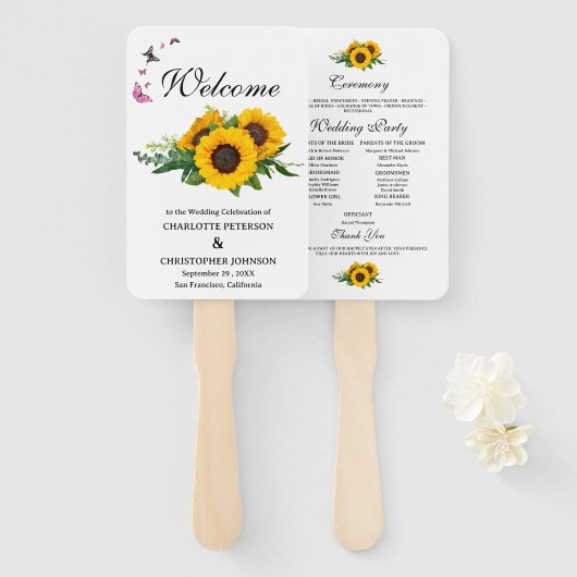 Éventail Programme de mariage aux tournesols rustiques et p (Devant et derrière)