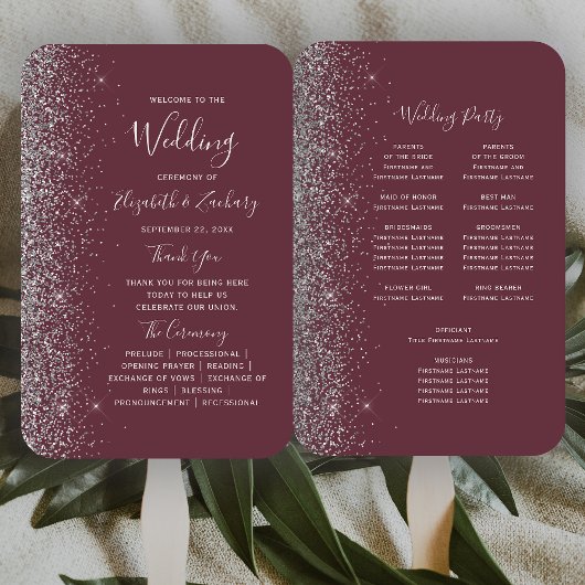 Éventail Programme de mariage avec bordure à paillettes arg