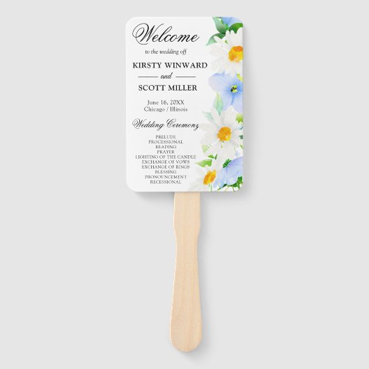 Éventail Programme de mariage avec des marguerites et des f (Devant)