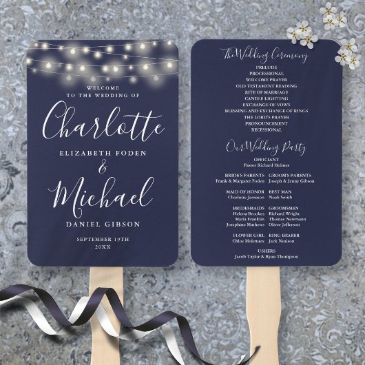 Éventail Programme de mariage avec guirlande lumineuse bleu
