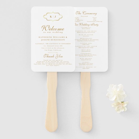 ÉVENTAIL PROGRAMME DE MARIAGE AVEC MONOGRAMME CHIC ET CALLI (Devant et derrière)
