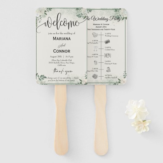 Éventail Programme de mariage avec timeline écriture verdur (Devant et derrière)
