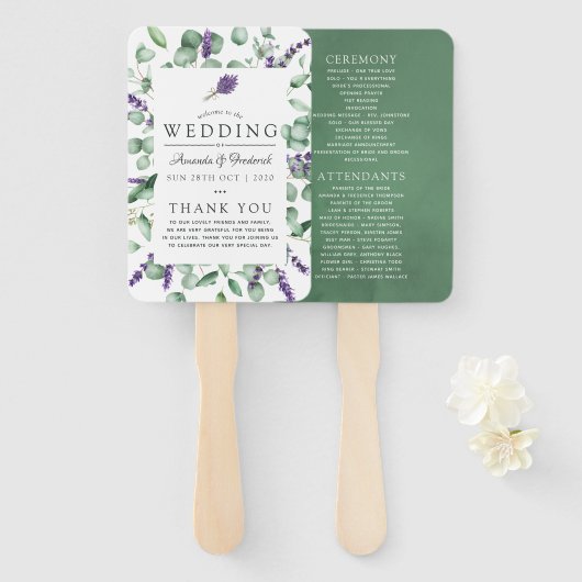 Éventail Programme de mariage avec verdure d'eucalyptus et (Devant et derrière)