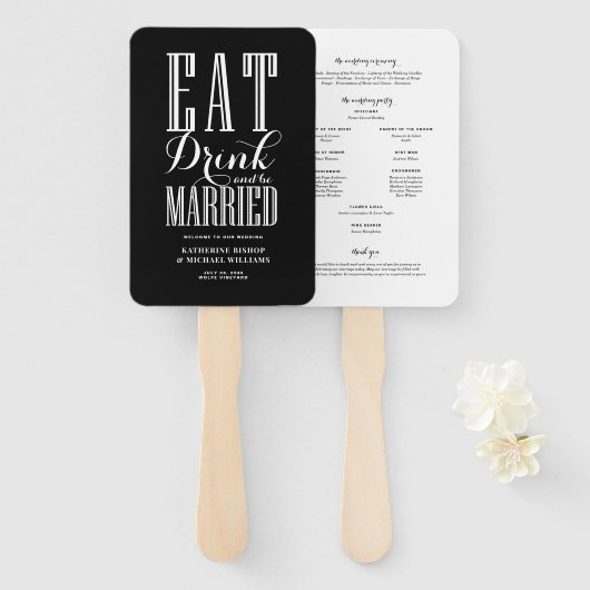 Éventail Programme de mariage Black Eat Drink and Be Marrie (Devant et derrière)