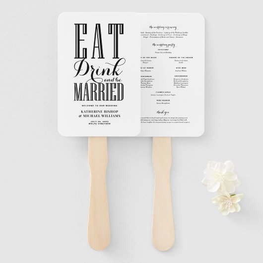 Éventail Programme de mariage Black Eat Drink and Be Marrie (Devant et derrière)