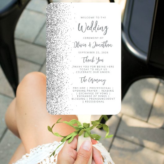 Éventail Programme de mariage blanc écriture pailleté argen
