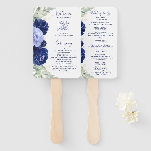 Éventail Programme de mariage bleu floral (Devant et derrière)