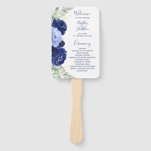 Éventail Programme de mariage bleu floral (Devant)