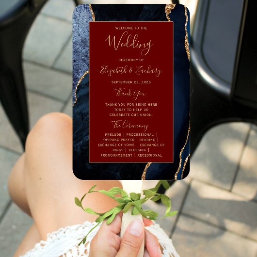 Éventail Programme de mariage bleu marine or agate bordeaux