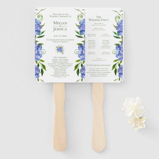 Éventail Programme de mariage Blue Hydrangeas Ventilateur à (Devant et derrière)