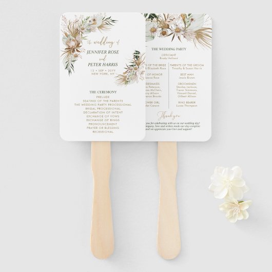 Éventail Programme de mariage bohème botanique vert et or (Devant et derrière)