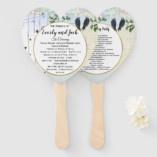 Éventail Programme de mariage bohème forêt oiseau d'amour a (Devant et derrière)