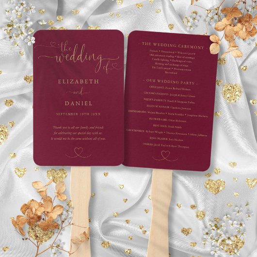 Éventail Programme de mariage bordeaux et or Heart Script