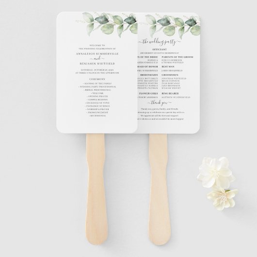 Éventail Programme de mariage botanique à feuilles d'eucaly (Devant et derrière)