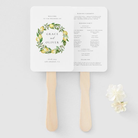Éventail Programme de mariage botanique au citron et au feu (Devant et derrière)