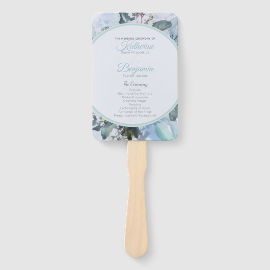 Éventail Programme de mariage botanique bleu poussiéreux (Devant)