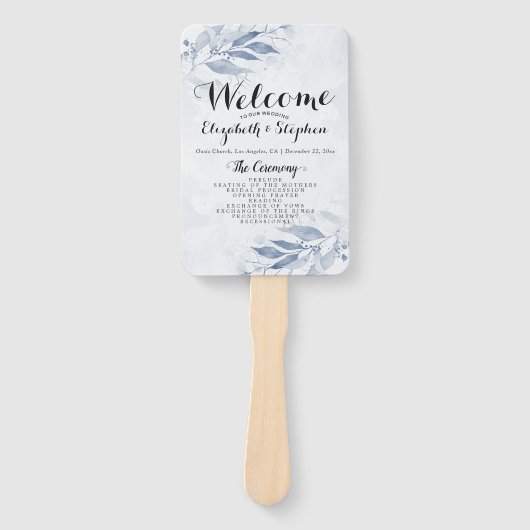 Éventail Programme de mariage botanique des Feuilles d'aqua (Devant)