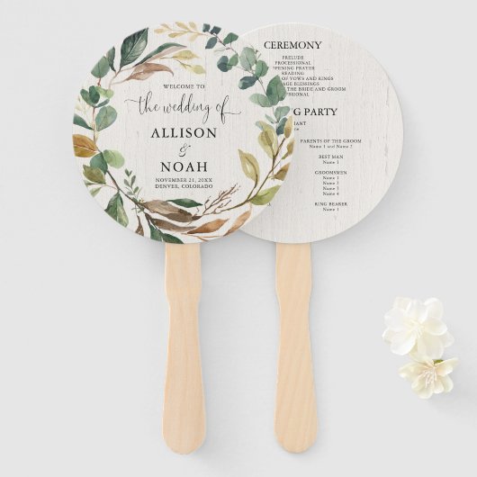 Éventail Programme de mariage botanique du feuillage rustiq (Devant et derrière)
