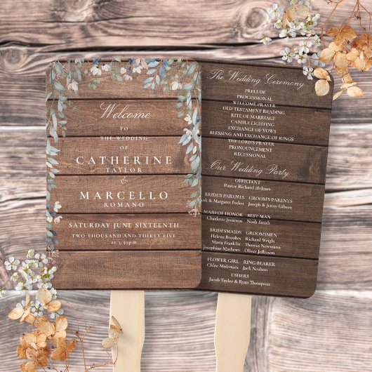 Éventail Programme de mariage cascade florale en bois rusti