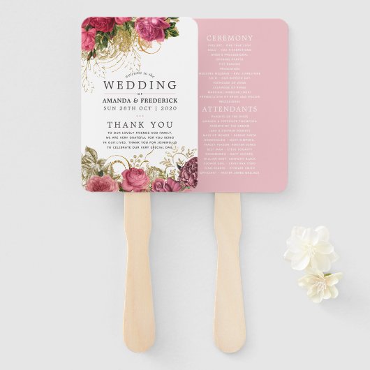 Éventail Programme de mariage champêtre rose doré et rose v (Devant et derrière)