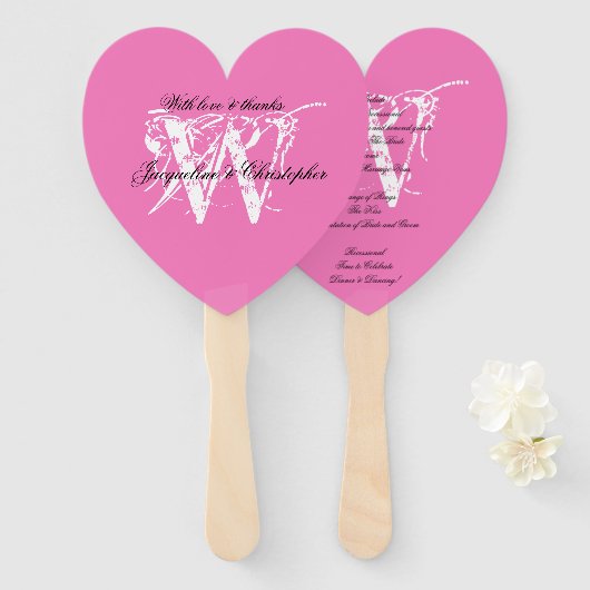 Éventail Programme de mariage chic avec monogramme rose et  (Devant et derrière)