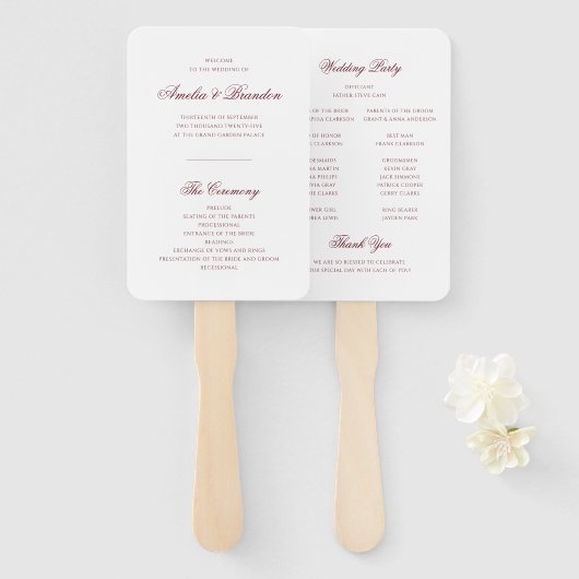 Éventail Programme de mariage classique à l'écriture profon (Devant et derrière)