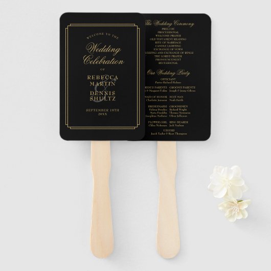Éventail Programme de mariage classique Art Déco noir et or (Devant et derrière)