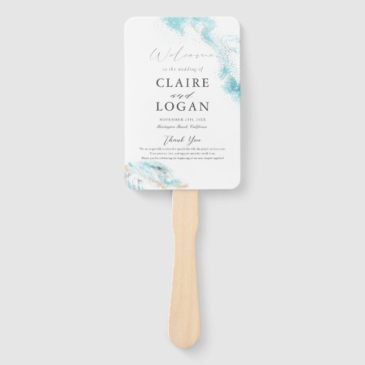 Éventail Programme de mariage côtier aux vagues bleues écla (Devant)