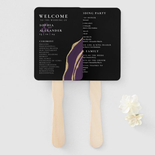 Éventail Programme de mariage d'agate violet doré Ensemble  (Devant et derrière)